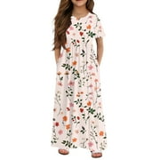 Girls Dresses Size 10-12 Casual Floral Print Short Sleeve Maxi Dress Cute Crew Neck Sundresses Swing Beach Dresses with Pocketss 9-10 Years,Light pink